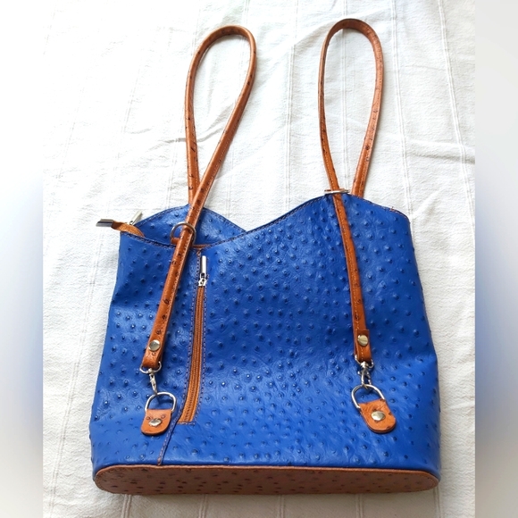 Borse in Pelle Italian Ostrich Leather Tote/Backpack Royal Blue and Tan - Picture 8 of 14